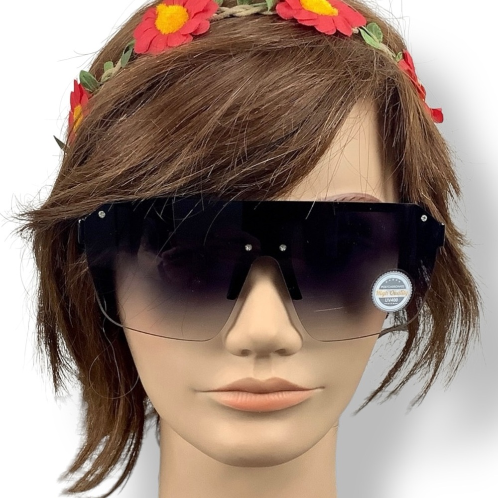 Rimless Black Flat Top Oversized Shield Sunglasses